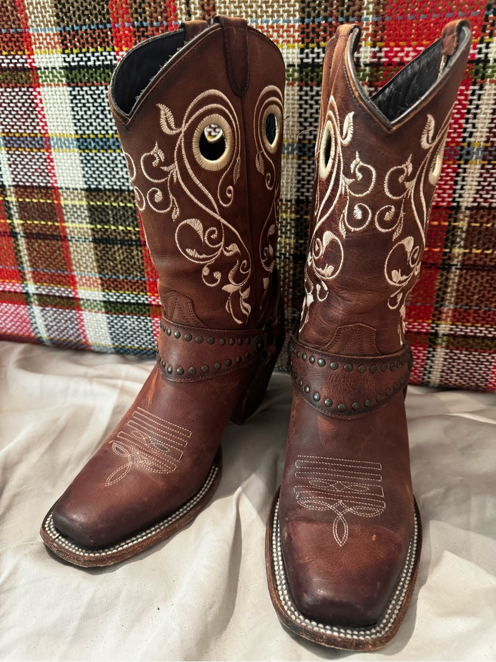 J.B. Dillon Brown Leather Embroidered Harness Heeled Boots - Picture 3 of 7